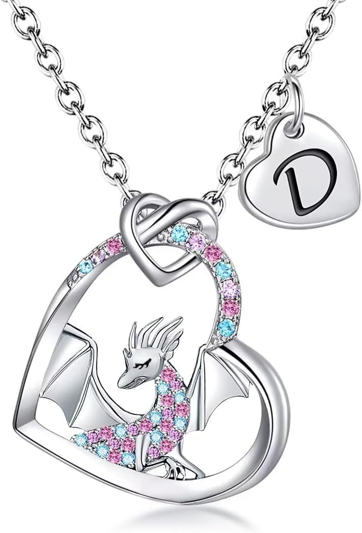 BAOWING Store Dragon Necklace Gifts for Kids Girls Rainbow Dinosaur Animal Pendant Colorful CZ Heart Letter Initial Jewelry Gifts for Daughter Granddaughter Niece Little Teen Girl - Image 1